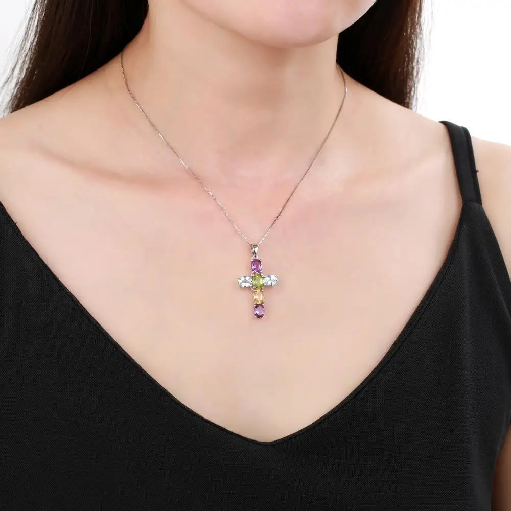 Natural Colorful Gemstone Cross Pendant for Girls Ladies