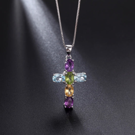 Natural Colorful Gemstone Cross Pendant for Girls Ladies