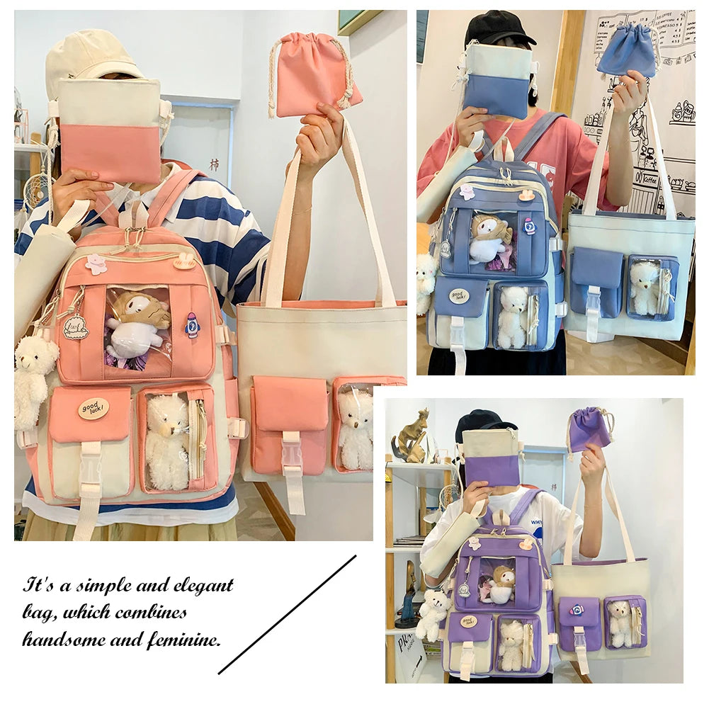 Canvas Schoolbags 5pc Set For Girls, Boys. Teens