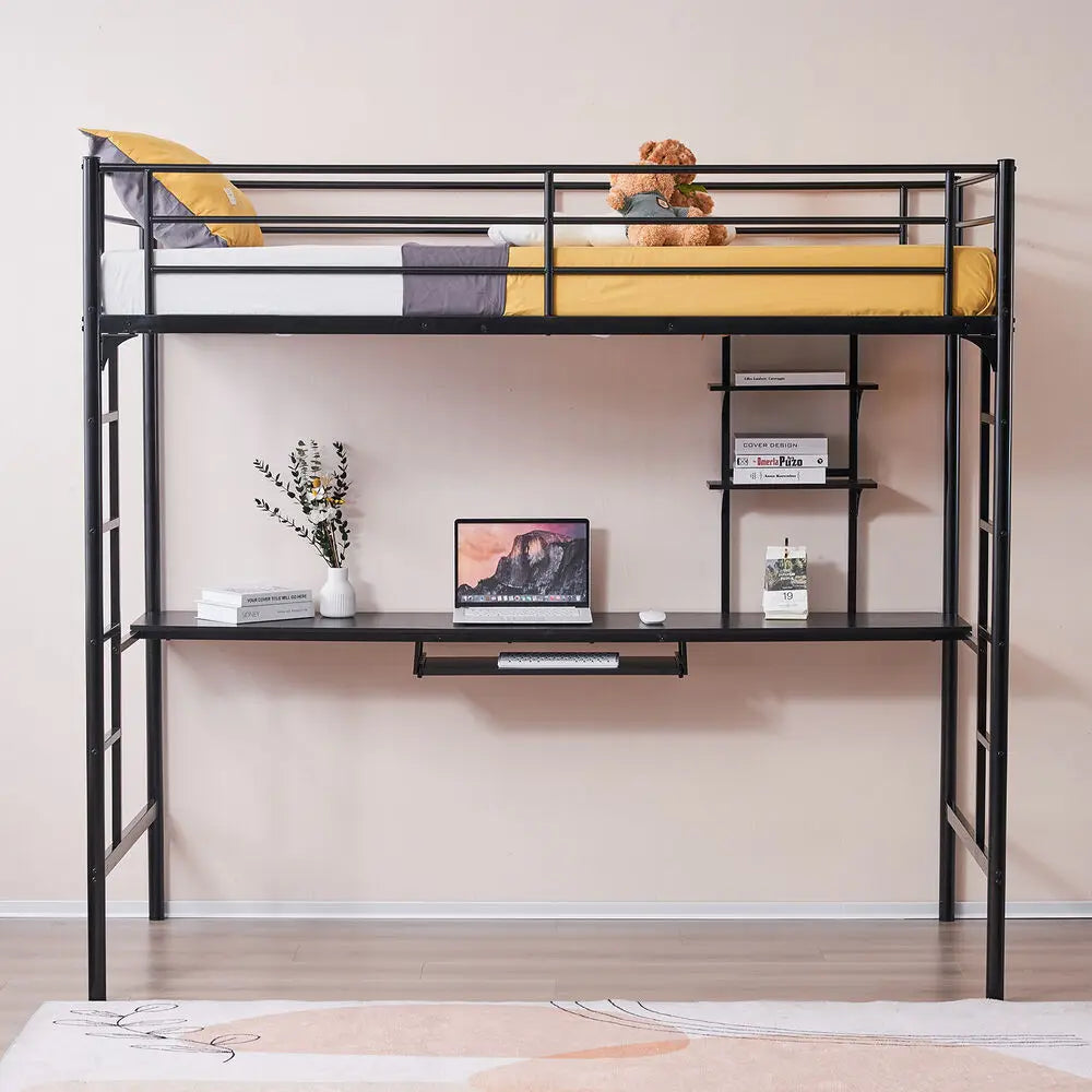 Twin Metal Loft Bed Frame with Desk