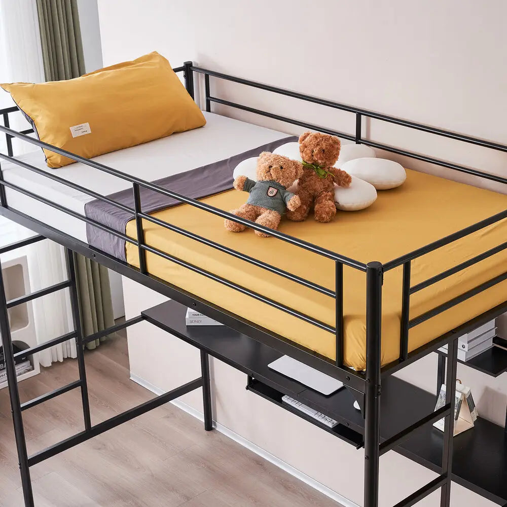 Twin Metal Loft Bed Frame with Desk