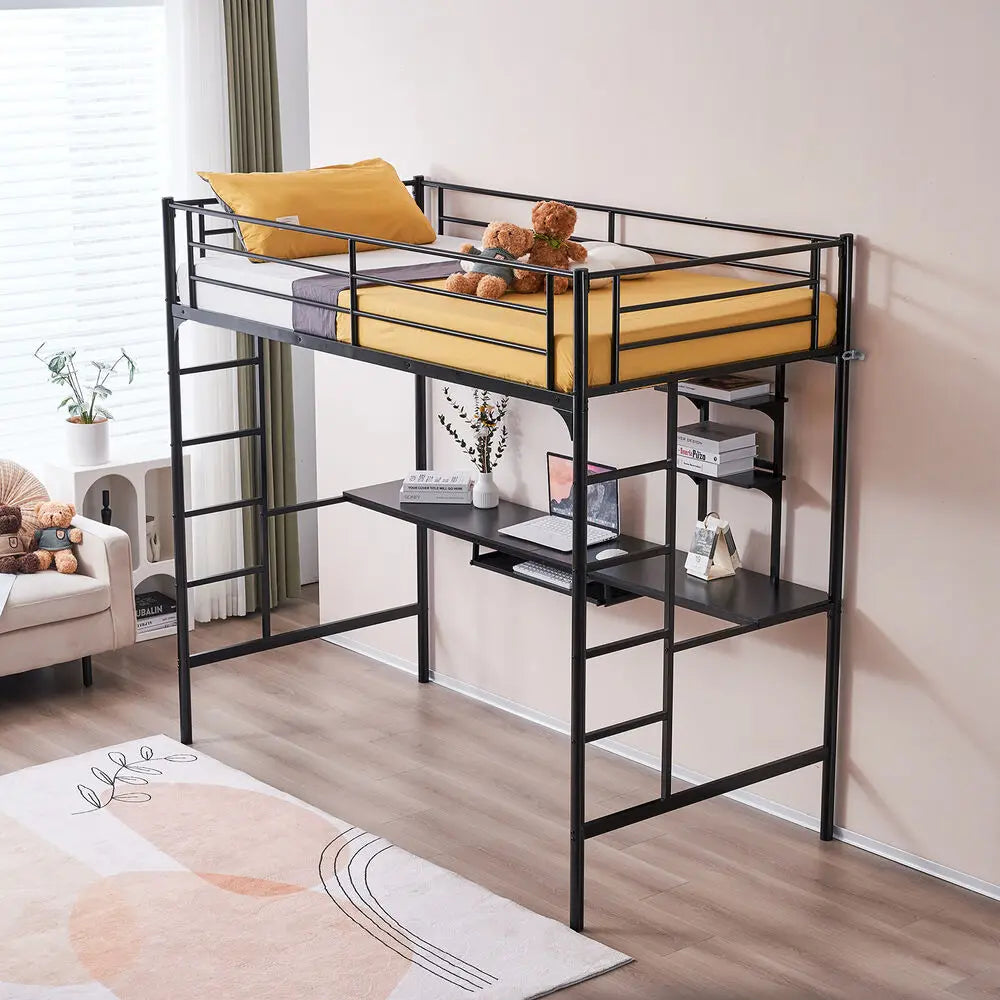 Twin Metal Loft Bed Frame with Desk