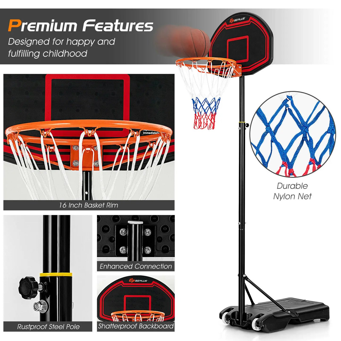 Adjustable Kids Basketball Hoop Stand Durable Net / Backboard