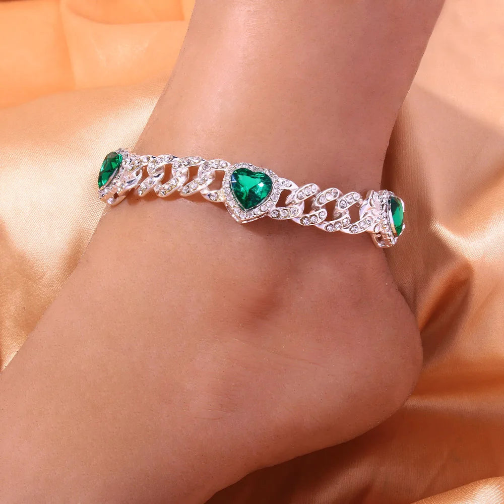 Rhinestone Anklet Green Hearts