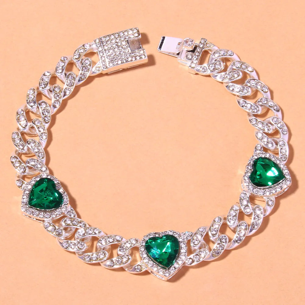 Rhinestone Anklet Green Hearts