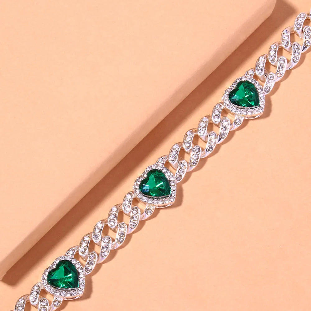 Rhinestone Anklet Green Hearts